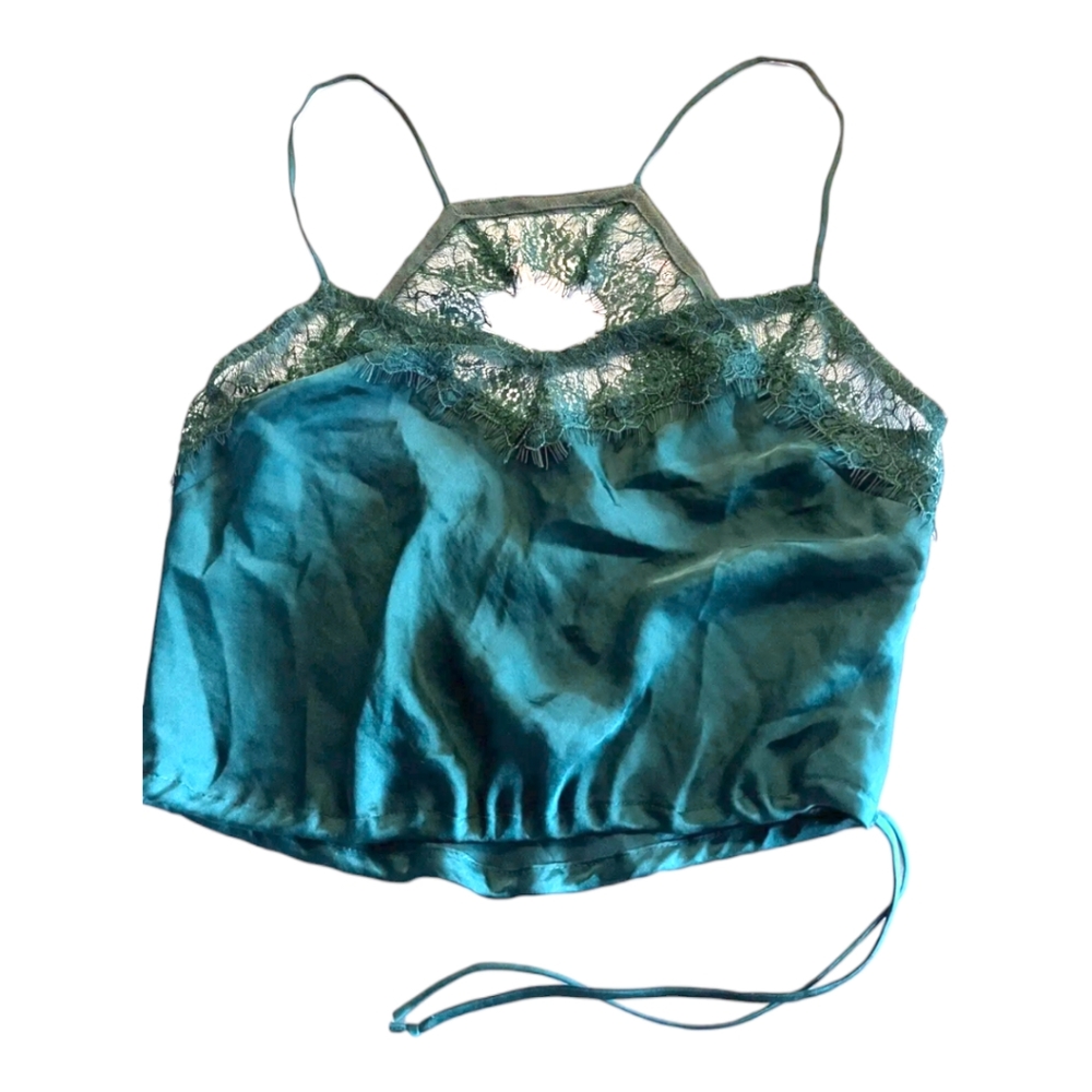 Free People Emerald Silky Crop Eyelash Lace Adjustable Side Tie Open Back Top M